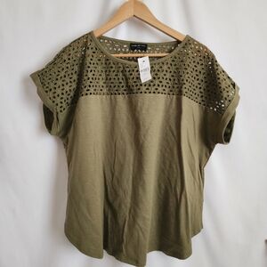 Lane Bryant Olive Eyelet Short Sleeve Top